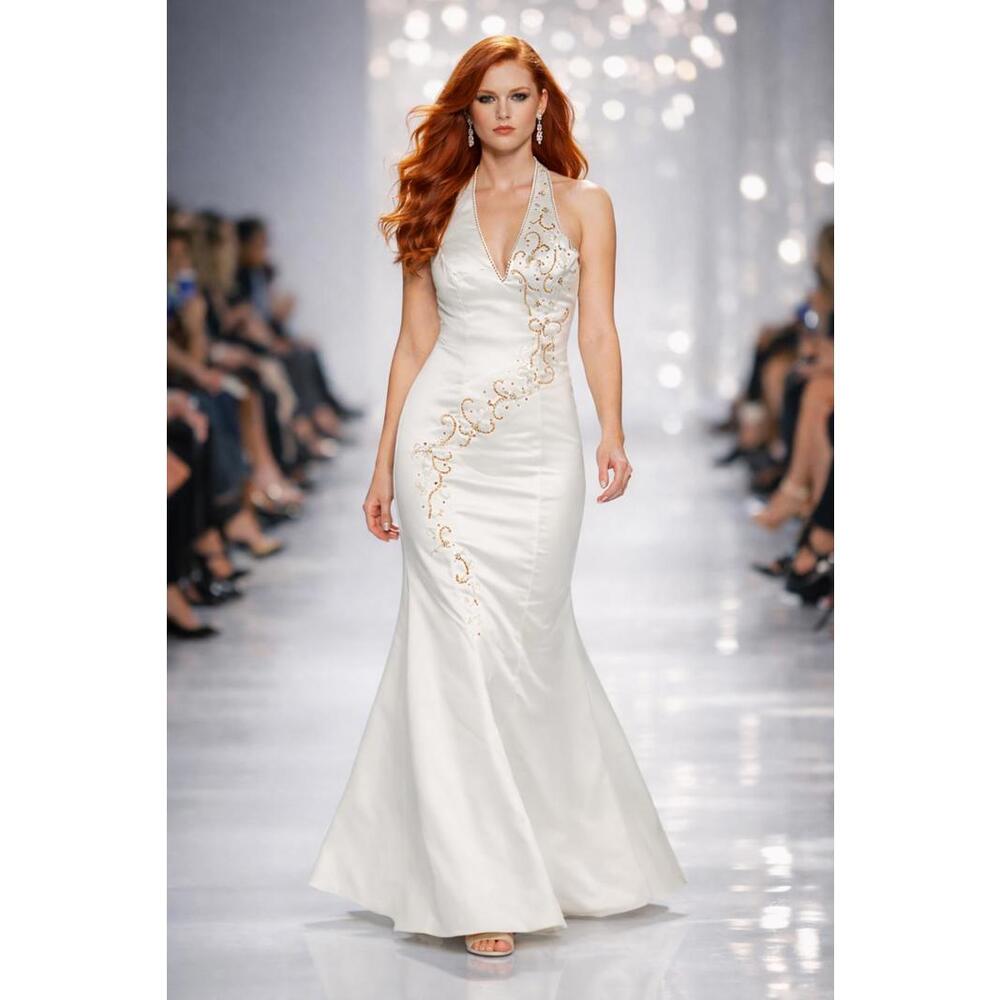 Ivory Satin Halter Mermaid Gown Open Back Formal Gold Embroidery Bridal Gala 8